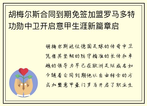 胡梅尔斯合同到期免签加盟罗马多特功勋中卫开启意甲生涯新篇章启 胡梅尔斯合同到期免签加盟罗马多特功勋中卫开启意甲生涯新篇章启