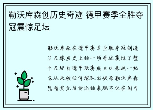 勒沃库森创历史奇迹 德甲赛季全胜夺冠震惊足坛