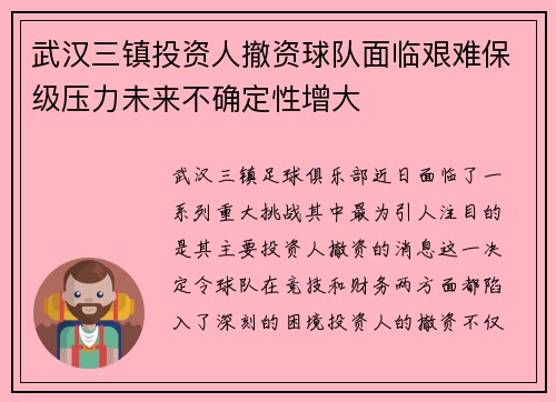 武汉三镇投资人撤资球队面临艰难保级压力未来不确定性增大